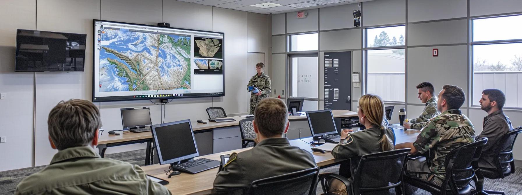 a focused office setting showcases a professional meeting room with a wall-mounted screen displaying a map of wyoming, while a diverse group of engaged trainees reviews materials about certified firearms instructors, emphasizing the importance of quality training and credentials.
