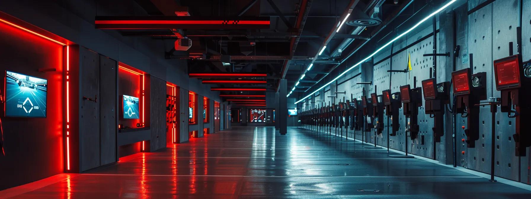 a modern shooting range in an urban setting features well-marked lanes, high-tech safety equipment, and a competitive atmosphere, all designed for optimal training and performance.