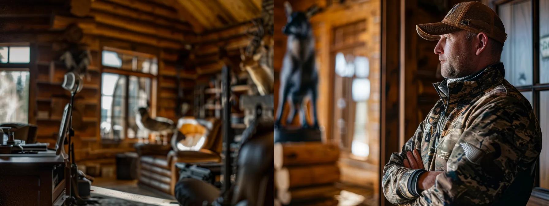 a professional hunter stands confidently in a well-equipped, modern hunting lodge, surrounded by top-quality gear and advanced scouting technology, showcasing the commitment to ethical waterfowl hunting in wyoming.