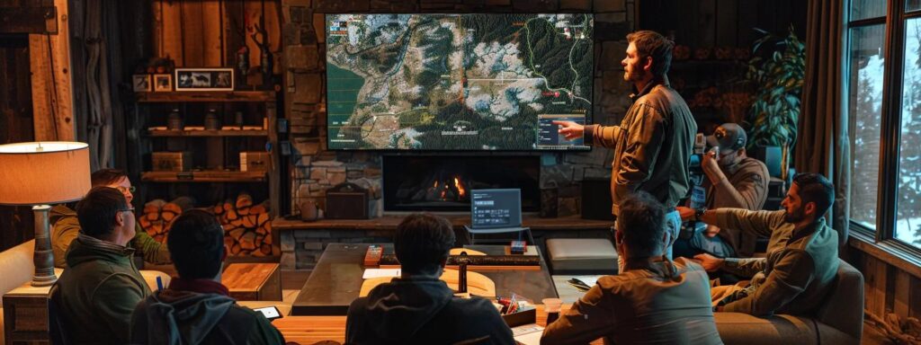 a skilled guide stands confidently in a modern hunting lodge, pointing out a detailed map on a high-tech screen, surrounded by eager adventurers immersed in planning their next thrilling guided hunt with grassy knoll enterprises.