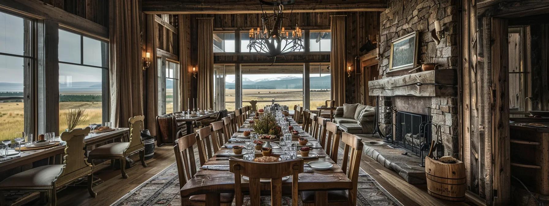 a sophisticated dining room in a luxury wyoming hunting lodge features elegantly set tables adorned with seasonal, locally sourced gourmet dishes, surrounded by rustic-chic decor that blends contemporary elegance with nods to the region's rich hunting heritage.