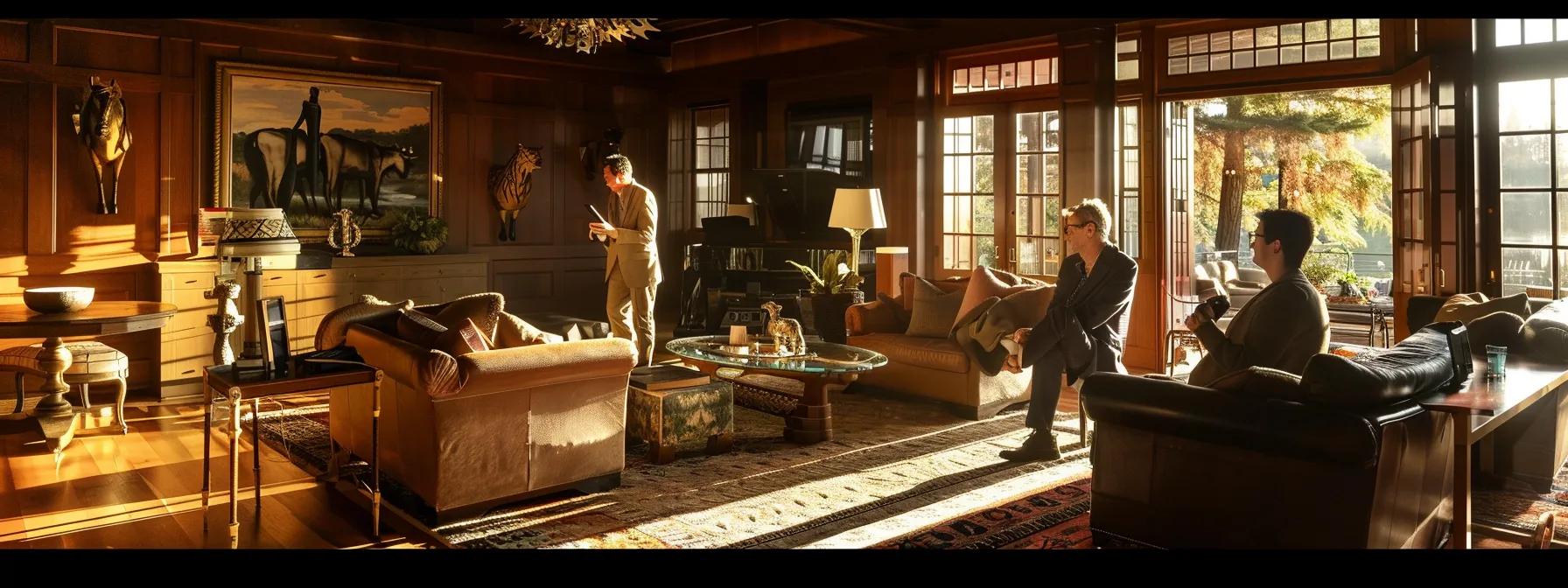 a sophisticated indoor lodge setting features a dedicated concierge engaging attentively with a guest, showcasing the high level of personalized service and meticulously tailored experience offered for luxury hunting excursions.