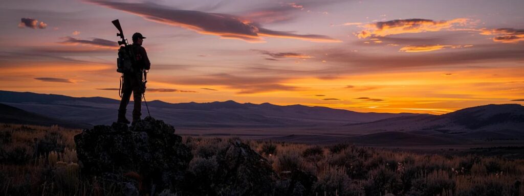an expansive wyoming landscape features a rugged terrain with a silhouetted hunter carefully scanning the horizon at dawn, encapsulating the spirit of adventure and strategy essential for the hunting season.