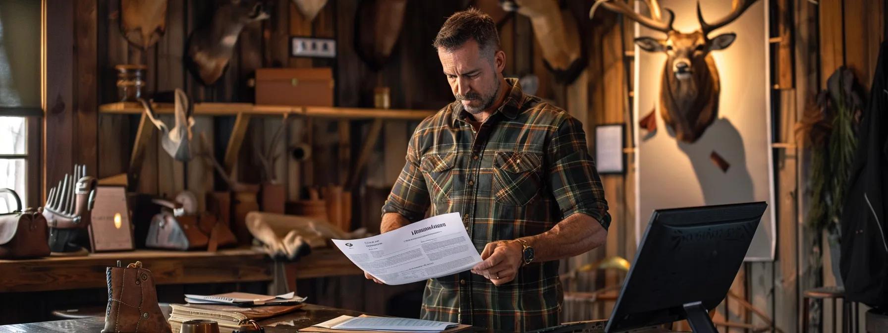 a confident hunter stands in a modern office-style setting, reviewing a sleek contract with a wyoming hunting outfitter, highlighting essential documents like licenses and insurance while surrounded by mounted game trophies that emphasize the outfitter's credibility and ethical practices.
