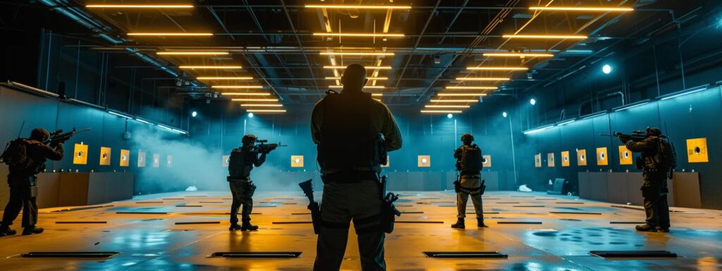 a dynamic indoor firearms training facility showcases focused hunters in tactical gear, engaged in precision shooting drills amidst a backdrop of strategically placed targets and high-tech training equipment, illuminated by bright overhead lights.