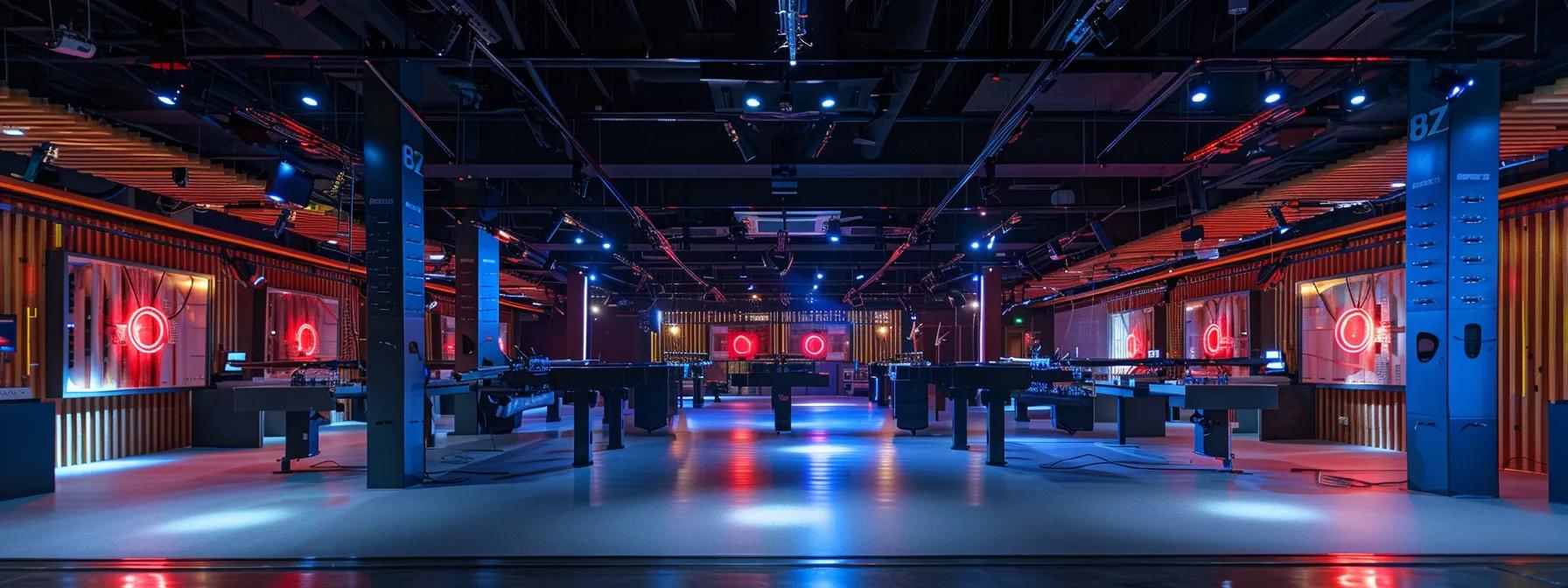 a dynamic indoor shooting range displays focused competitors engaged in a precision rifle competition, surrounded by strategically placed targets and advanced equipment, with vibrant lighting highlighting their intense concentration and adherence to safety protocols.