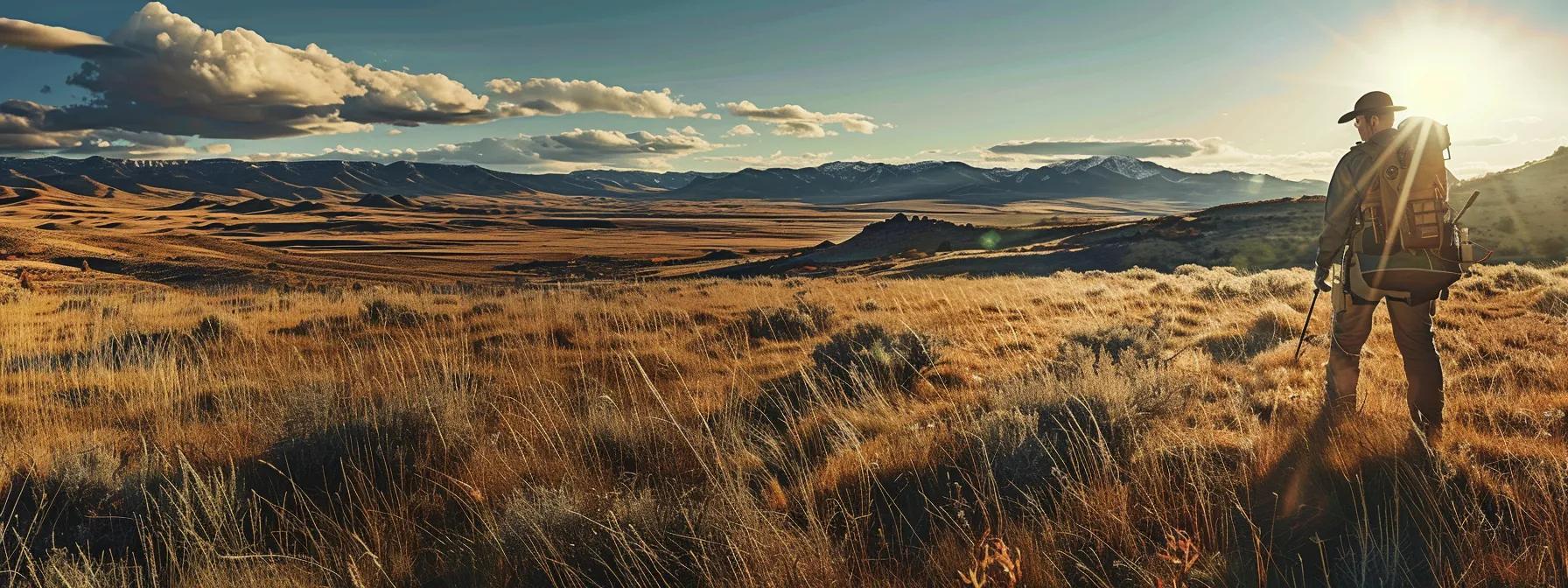 a dynamic scene captures a skilled hunter in an expansive wyoming landscape, equipped with advanced technology and mapping tools, surveying the rugged terrain in preparation for a successful hunting expedition.