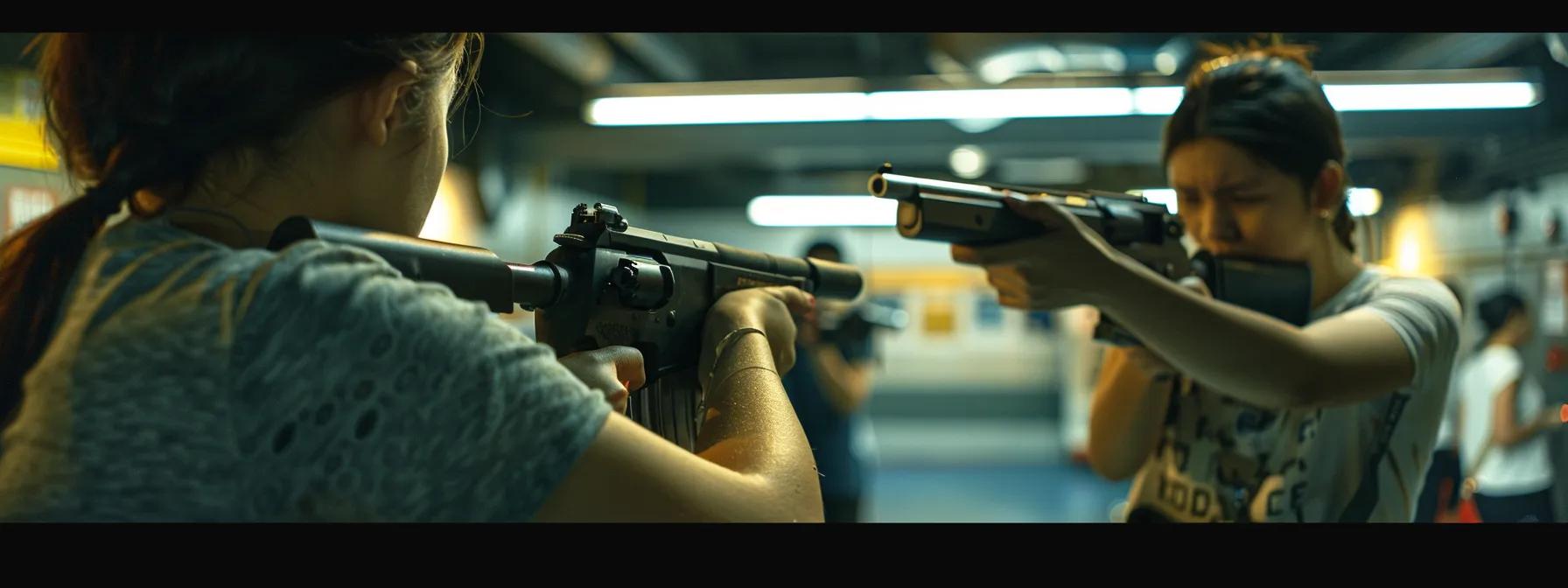 a focused and intense indoor shooting range scene captures a diverse group of students, guided by a seasoned instructor, attentively engaged in professional firearms training with a backdrop of safety signage and equipment.