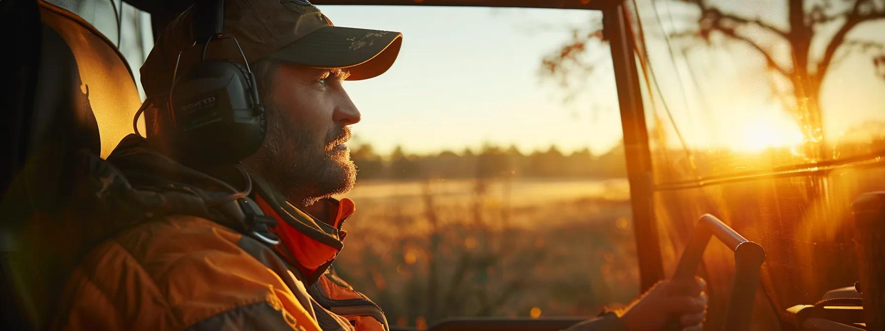 a focused ethical hunter, poised in a modern hunting blind, surveys the expansive terrain with a determined expression, embodying respect for wildlife as the golden light of dawn casts dramatic shadows across the landscape.