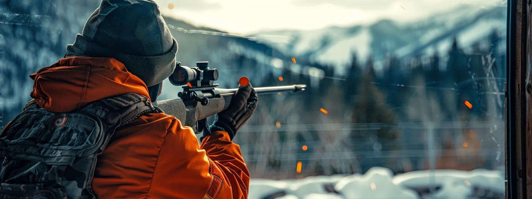 a focused firearms instructor, poised in a rugged wyoming training facility, demonstrates precision shooting techniques against a backdrop of simulated hunting scenarios, emphasizing tactical adaptation and ethical practices in big game pursuit.