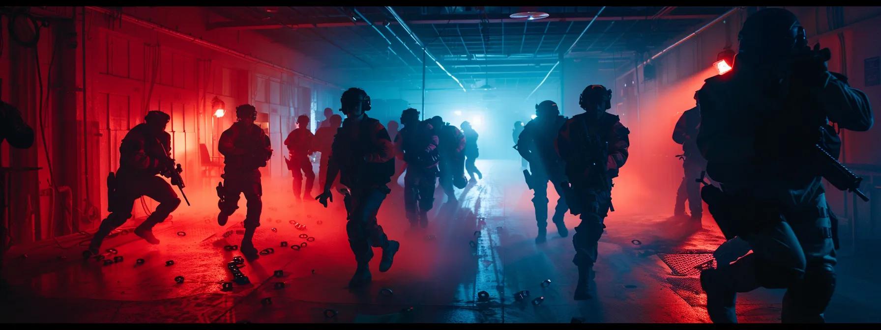 a focused group of tactical trainees, clad in advanced gear, strategically navigate an obstacle course in a rugged, urban training facility, embodying determination and precision under dynamic artificial lighting.