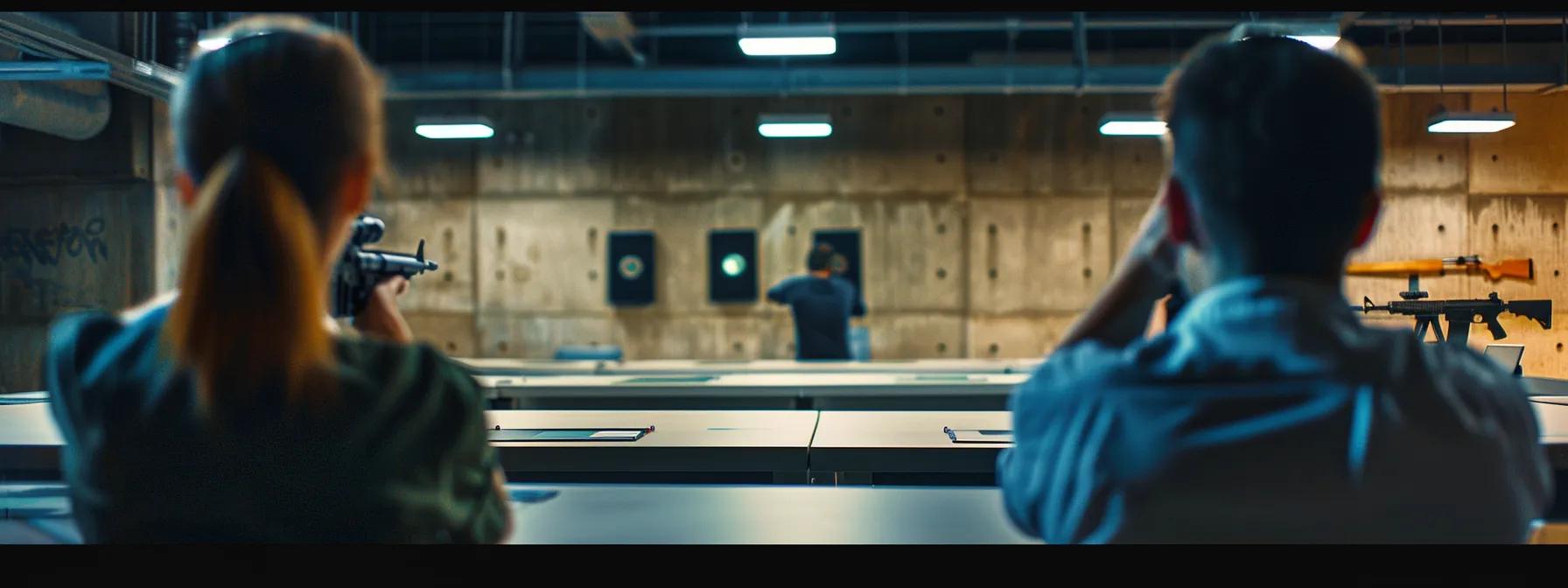a focused indoor training environment showcases a diverse group of individuals engaged in a dynamic firearm safety course, with instructors demonstrating advanced techniques and a variety of firearms prominently displayed on a sleek, modern training table.