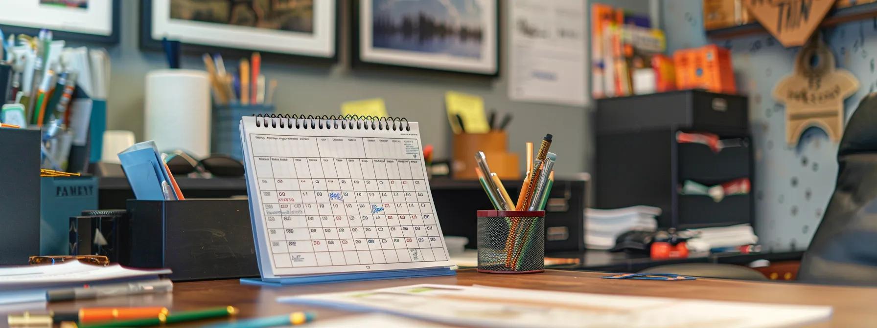 a focused office desk displays an organized calendar marked with bright, bold highlights for wyoming hunting season dates, alongside neatly arranged hunting licenses and informational brochures, emphasizing the importance of timely planning for successful trips.