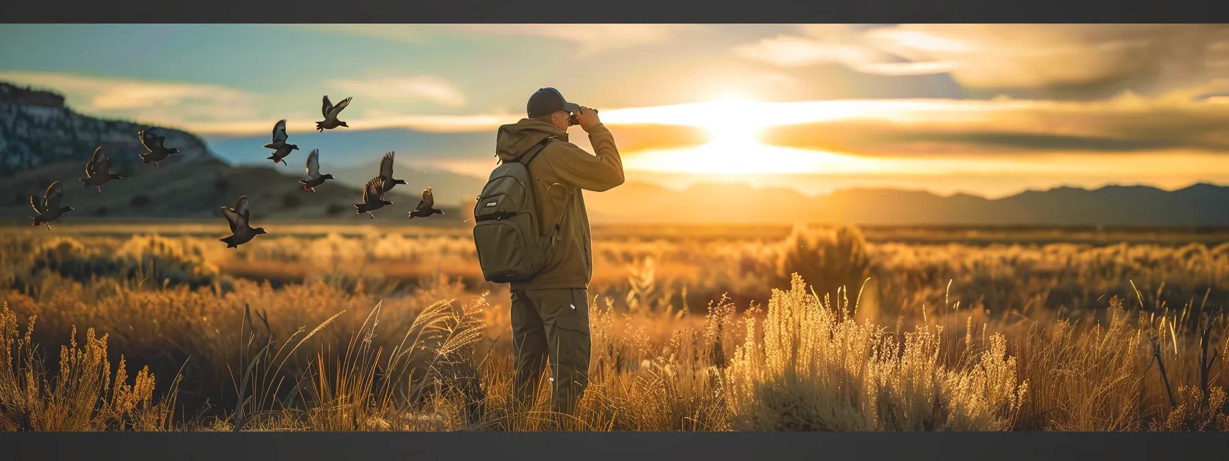a focused waterfowl hunter stands in a rugged wyoming landscape, binoculars in hand, studying a flock of diverse ducks taking flight, with a clear adherence to conservation guidelines displayed on an app visible in the background.