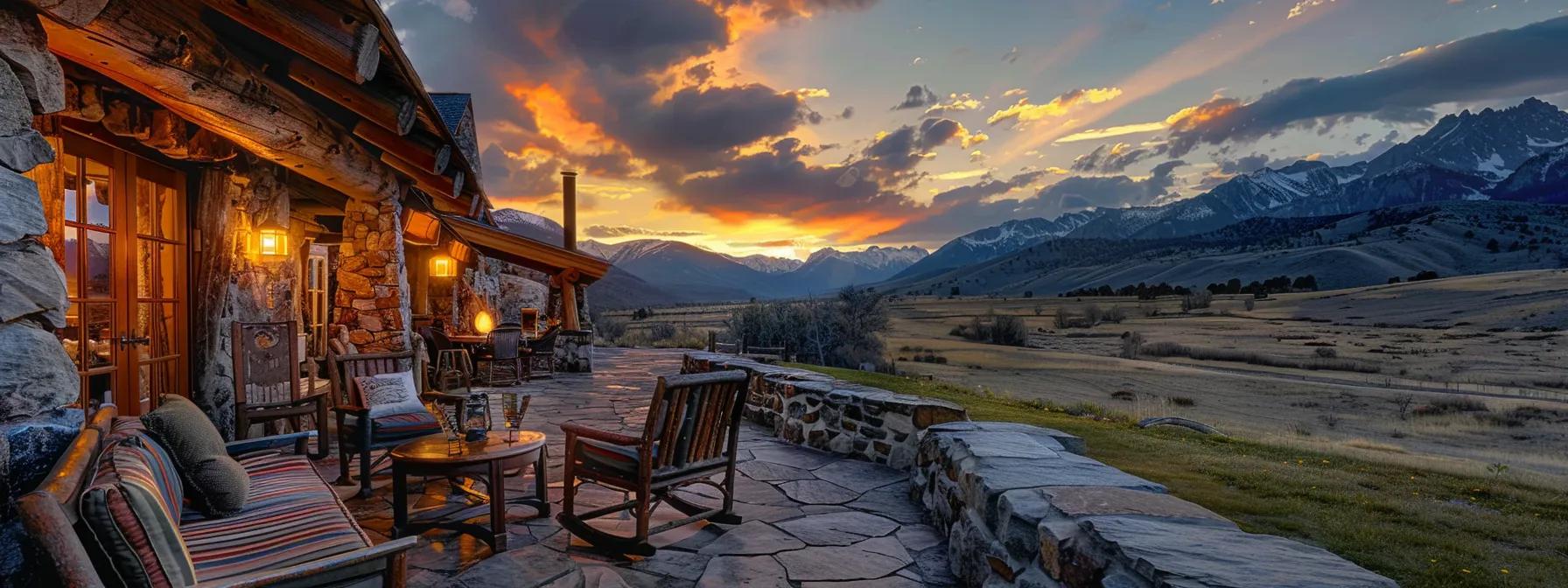 a luxurious hunting lodge setting in wyoming showcases an inviting outdoor patio adorned with elegant furnishings, ready for hunters to relax after a successful guided hunt, with warm lighting casting a welcoming glow against the backdrop of majestic, rugged mountains.