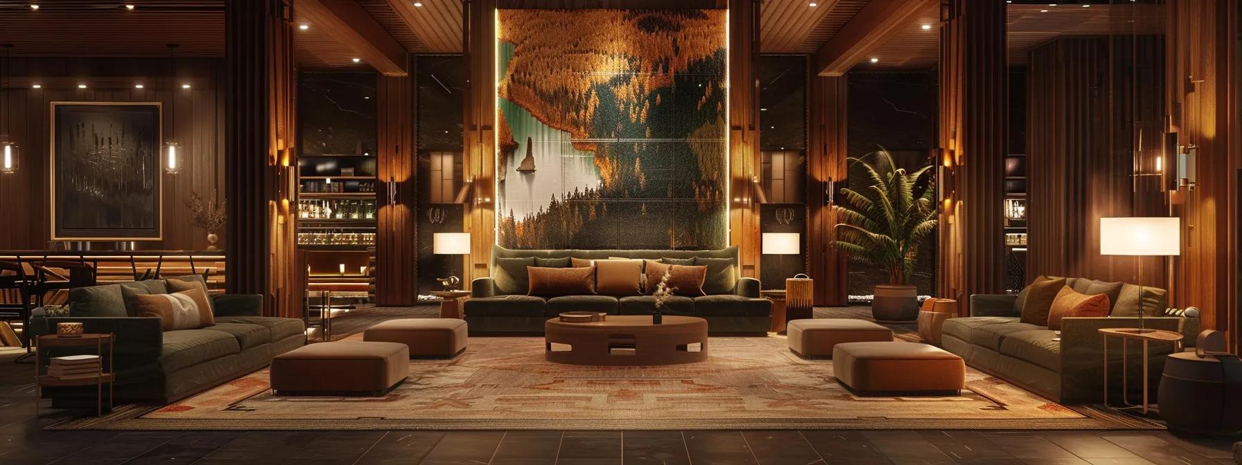 a luxurious wyoming lodge interior showcases plush seating and ambient lighting, inviting guests to unwind in elegantly designed lounges, ideally suited for sharing adventure stories after a day in the wild.