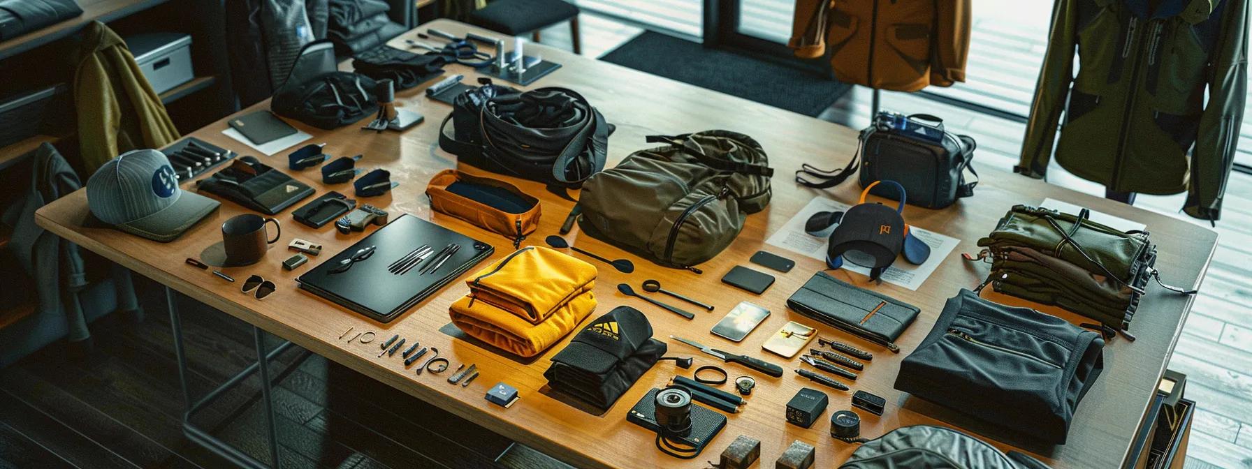 a meticulously organized expedition gear layout is set on a polished wooden table in a modern office, showcasing neatly arranged clothing, navigation tools, and camping equipment, all highlighted by focused lighting to emphasize efficiency and preparation.