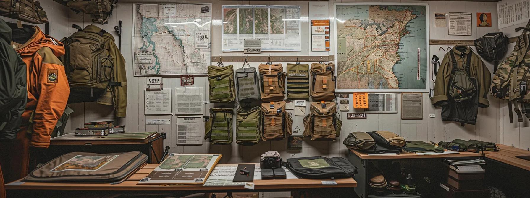 a meticulously organized hunting workshop showcases an array of high-quality gear and maps, highlighting a structured approach to sustainable hunting practices in wyoming.