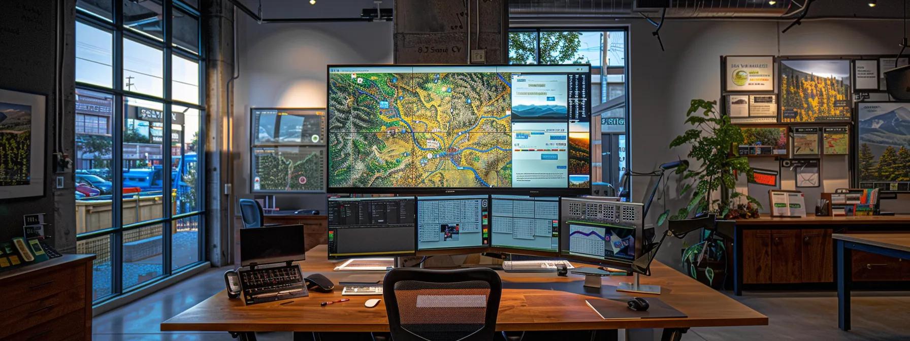 a modern office workspace is illuminated by soft overhead lighting, featuring a large computer screen displaying a detailed map of wyoming's hunting regions alongside professional websites of reputable outfitters, highlighting their success statistics and testimonials from satisfied hunters.
