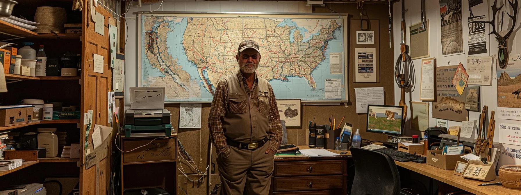 a professional hunting outfitter stands confidently in a well-equipped office, surrounded by maps of wyoming’s rugged terrain and visual aids showcasing trophy hunting success, emphasizing expertise in guiding clients through challenging hunts.