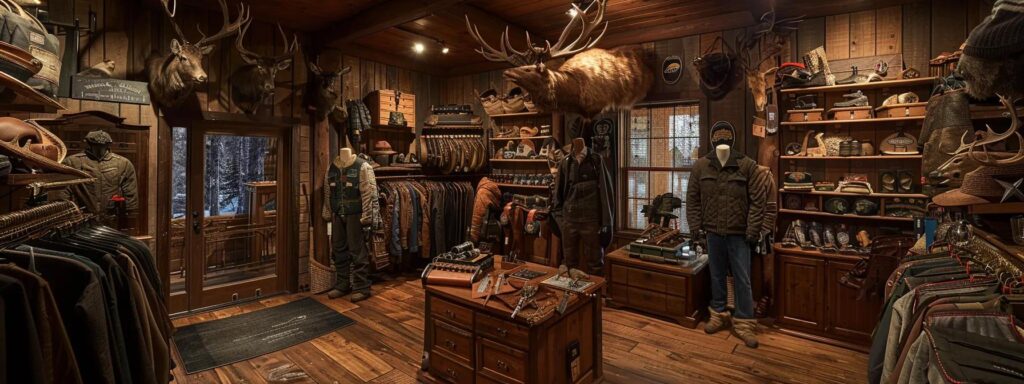 a professional outfitter's office displays an array of high-quality hunting gear and trophies, with rustic wooden accents and atmospheric dim lighting that emphasizes the expertise and passion for wyoming's hunting adventures.