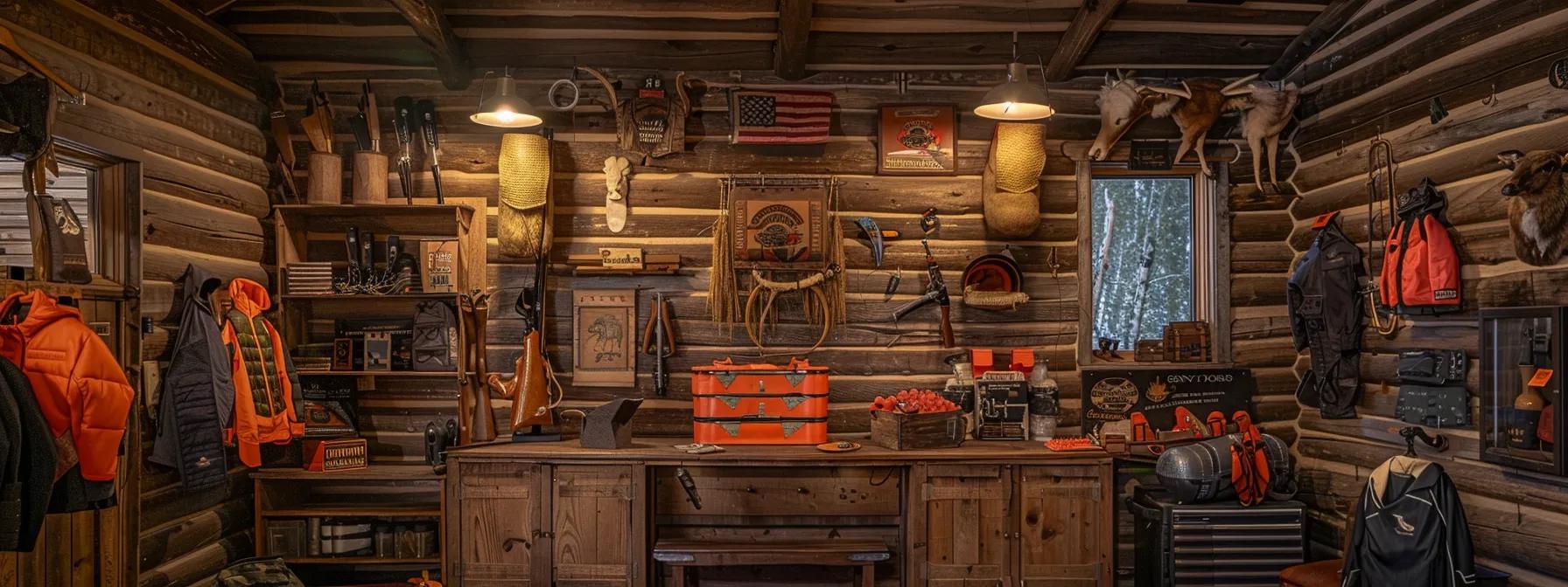 a rugged wyoming hunting lodge serves as the backdrop for a meticulously arranged display of essential waterfowl hunting equipment, including shotguns, high-quality ammunition, decoys, and camouflage gear, all set against rustic wooden walls and ambient warm lighting that highlights their functional features.