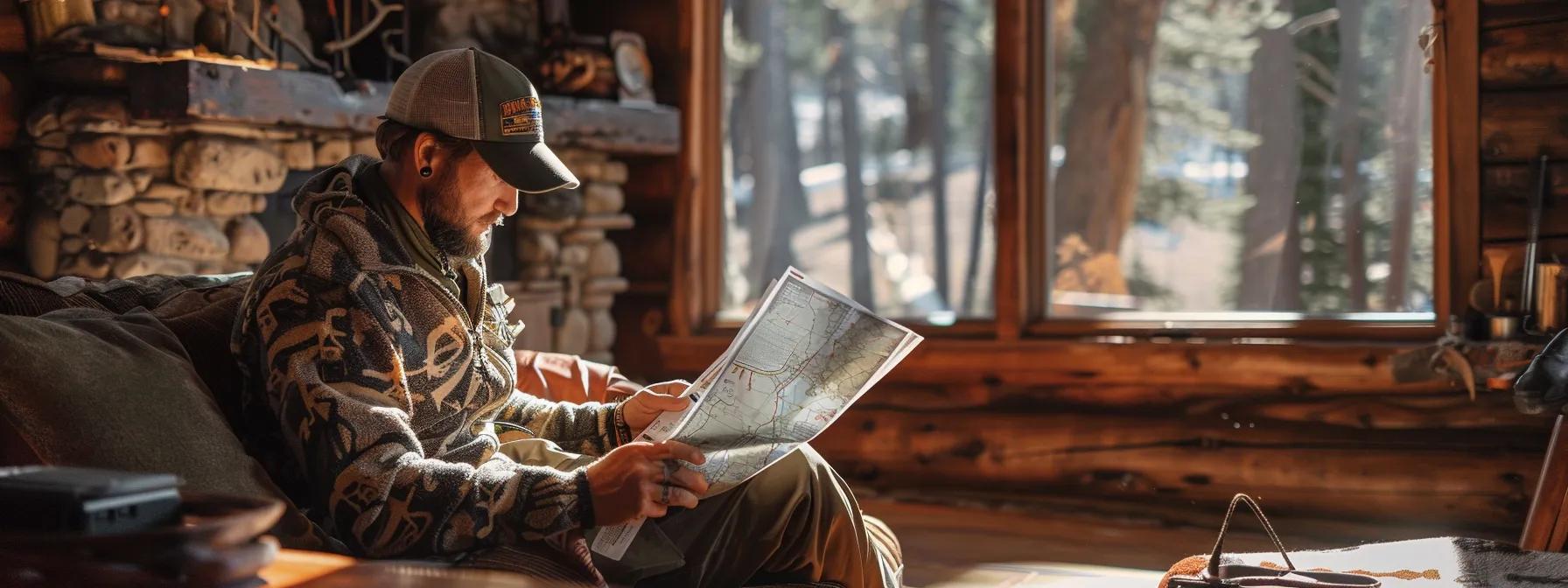 a seasoned hunting guide, clad in rugged outdoor gear, meticulously examines a high-tech map in a modern cabin setting, highlighting the blend of traditional expertise and cutting-edge technology in premier guided hunts through wyoming's wilderness.