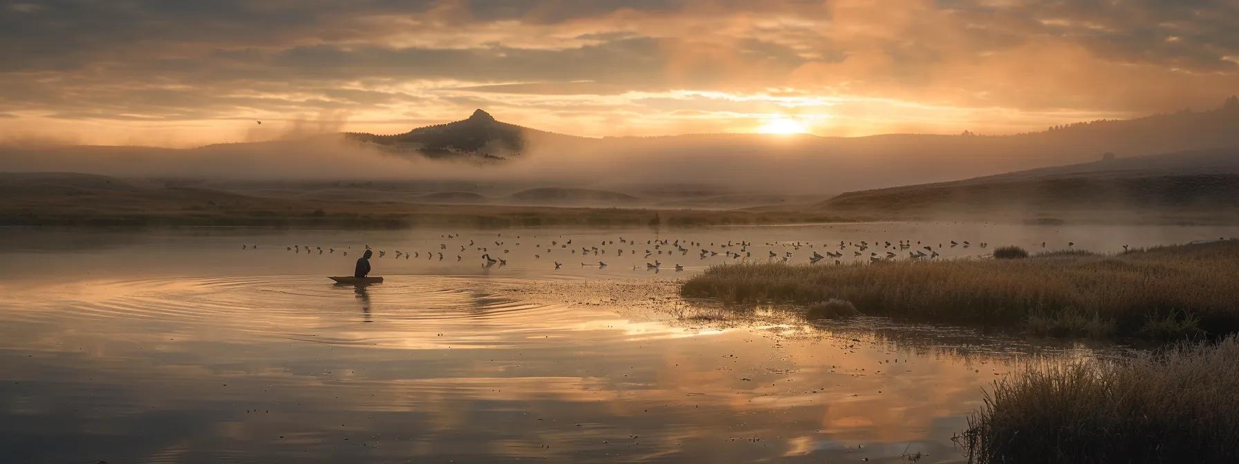 a skilled waterfowl hunter strategically sets up a meticulously arranged decoy spread on a tranquil wyoming lake at dawn, surrounded by a subtle mist, with an air of anticipation for the approaching migratory birds.