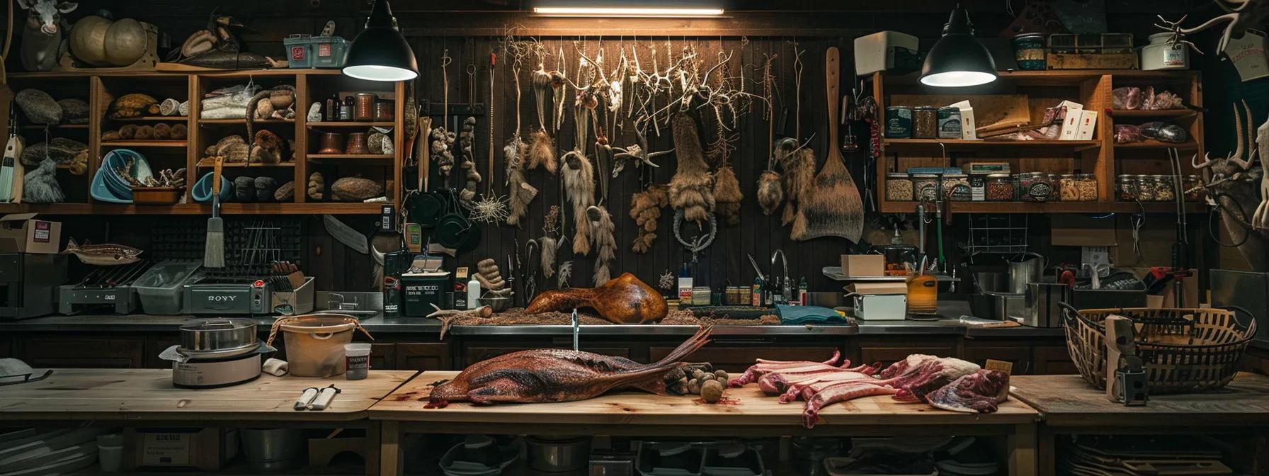 a skillfully organized indoor processing station showcases a freshly harvested game, highlighting meticulous care and respect through clean tools and methods, emphasizing ethical hunting practices and sustainable resource stewardship.