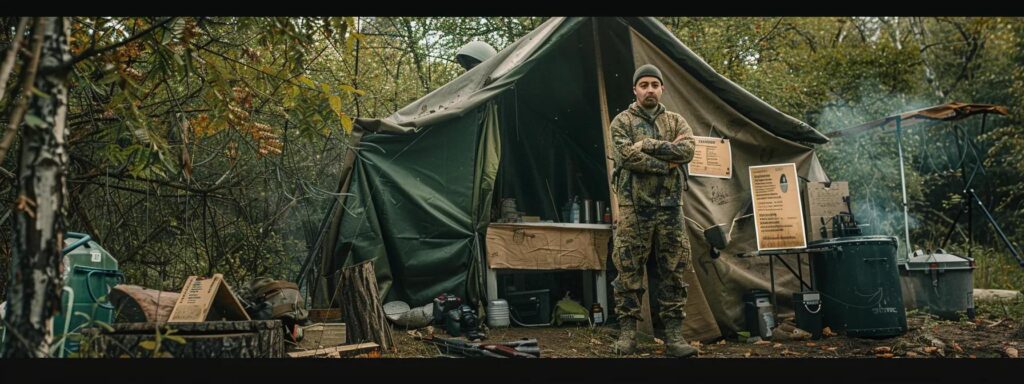 a solemn hunter dressed in camouflage stands at the edge of a well-maintained, ethical hunting camp, surrounded by neatly organized gear and respectful signs about wildlife conservation, capturing the essence of responsible stewardship of nature.