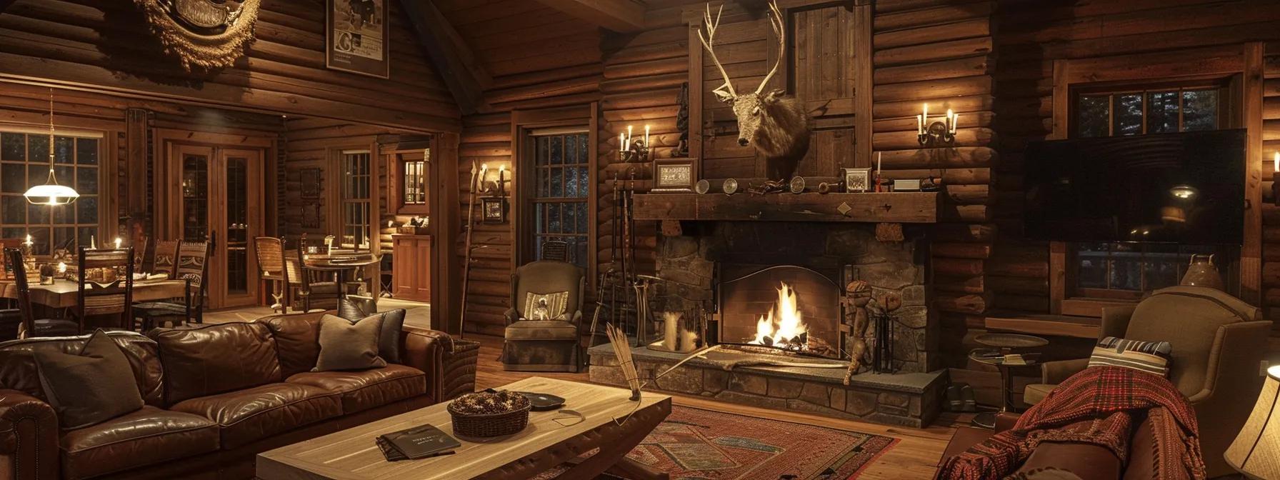 a sophisticated interior of a luxury hunting lodge showcases elegant furnishings and rustic decor, with a warm fireplace casting a cozy glow, emphasizing the blend of upscale comfort and wilderness adventure.