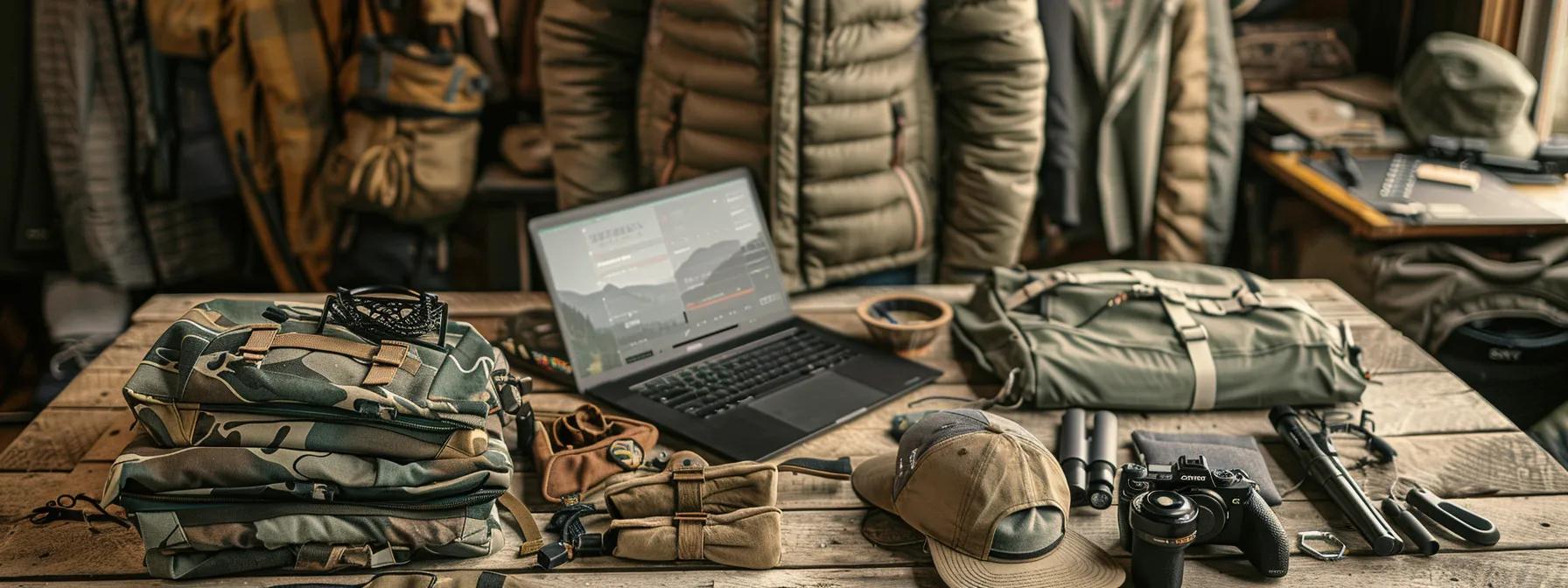 a well-organized interior space showcases a detailed gear checklist and essential hunting equipment meticulously arranged on a polished wooden table, with rugged outdoor clothing and high-performance optics set against the backdrop of a laptop displaying the wyoming game and fish department’s website, emphasizing the final preparations for a successful hunting excursion.
