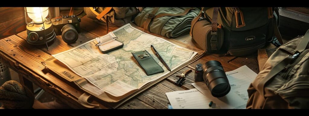 a well-organized hunting gear layout on a rustic wooden office desk, complete with essential items like a checklist, binoculars, and maps, illuminated by warm indoor lighting to evoke the excitement of preparing for a wyoming hunting adventure.