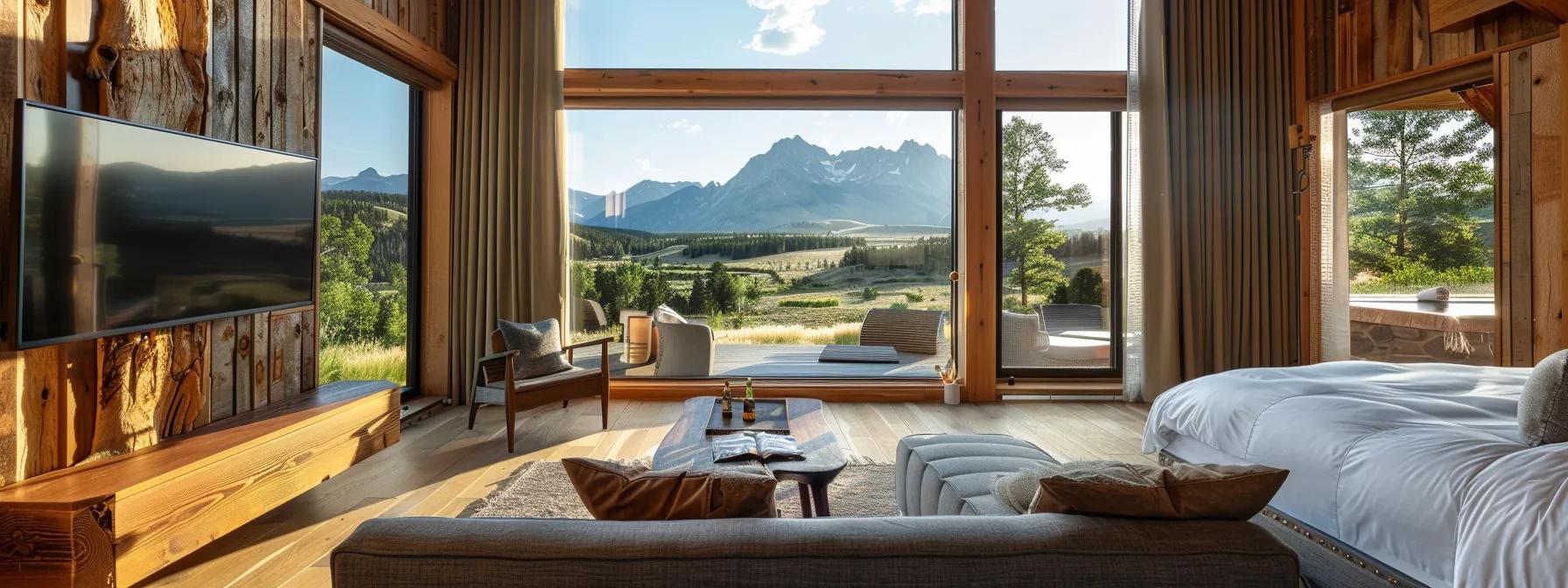 an elegant and spacious suite within a luxurious wyoming hunting lodge showcases plush furnishings and rich, warm wood accents, framed by large windows that reveal sweeping views of rugged mountain ranges and forests, embodying the perfect blend of modern comfort and rustic charm.