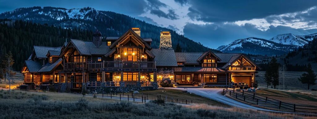 an elegantly designed luxury hunting lodge in wyoming, featuring exquisite rustic decor, plush furnishings, and warm, ambient lighting that invites guests to indulge in a sophisticated yet cozy atmosphere.