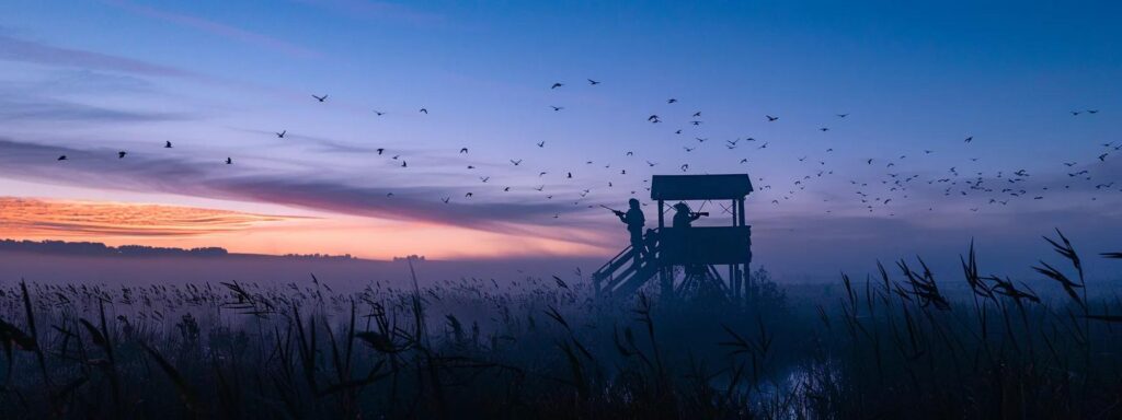 an intense waterfowl hunting scene unfolds at dawn in a rustic wyoming landscape, showcasing a hunter in tactical gear, poised in an elevated blind, with a backdrop of mist-covered marshes and silhouetted birds taking flight in the soft blue and orange hues of the early morning sky.