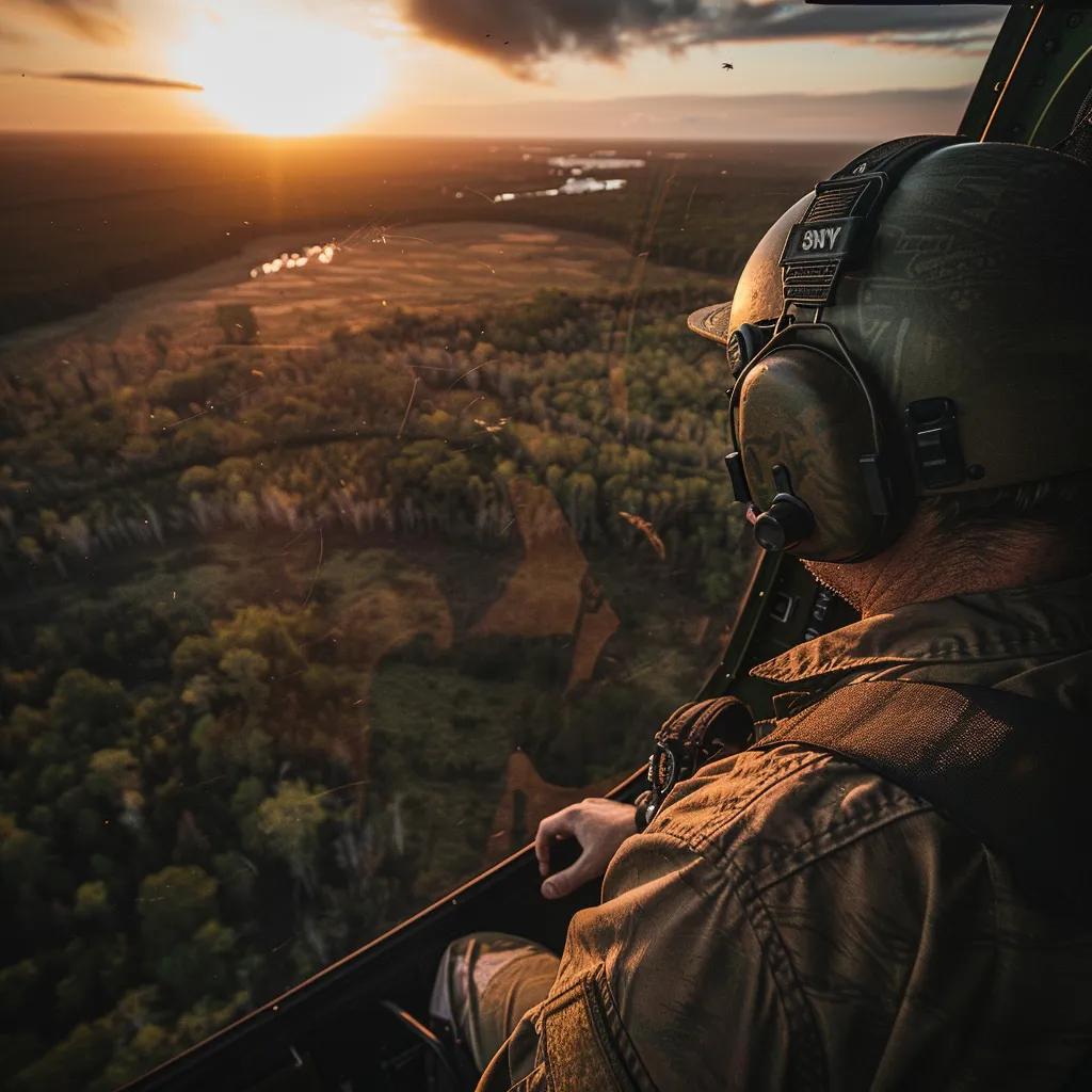 a dynamic aerial view captures a skilled hunter poised confidently in a helicopter, surveying a sprawling landscape of open fields, while strategic guides communicate vital information through headsets, emphasizing the intensity of helicopter hog hunting.