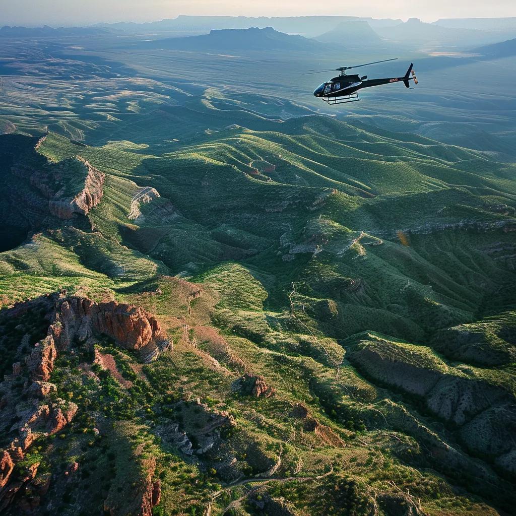 a dynamic aerial view captures a helicopter soaring over a rugged texas landscape, surveying the vast terrain below where wild boars roam, embodying the thrilling essence of a high-adventure hunting experience.