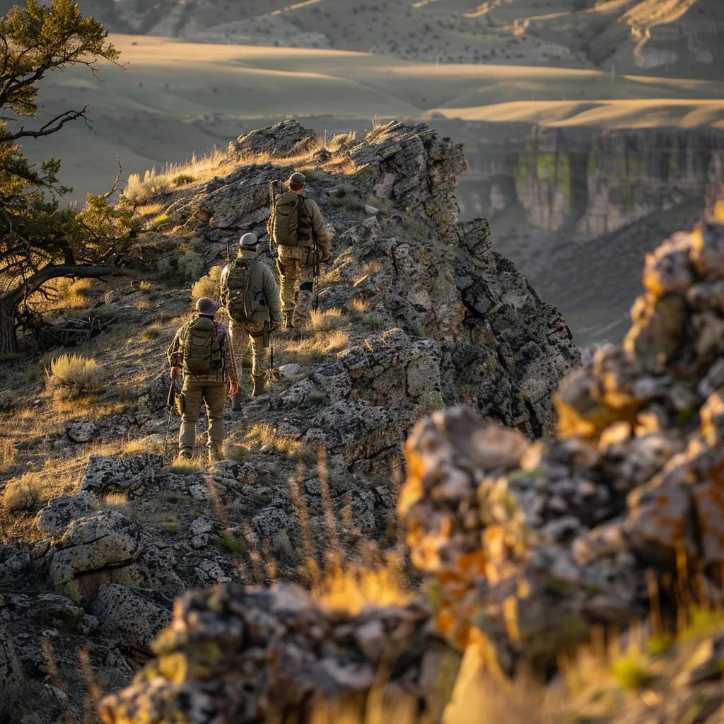 a dynamic scene of expert local guides in rugged outdoor gear, strategically positioned on a rocky hillside in wyoming, scanning the terrain with focused intensity during an exhilarating turkey hunting expedition.
