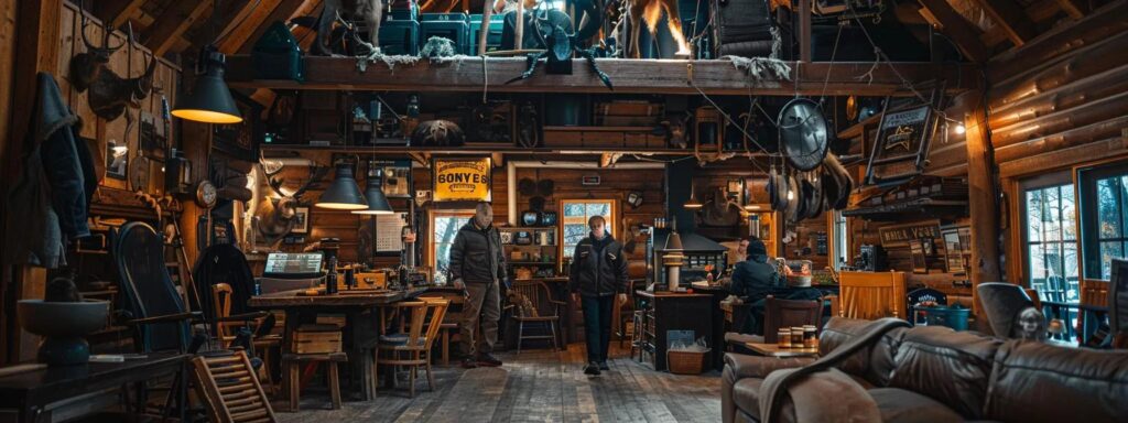 a dynamic and immersive scene captures a seasoned guide leading a group of hunters through a rustic, well-equipped hunting lodge in wyoming, surrounded by vintage hunting gear and waterfowl-themed decor, emphasizing camaraderie and the thrill of waterfowl hunting.