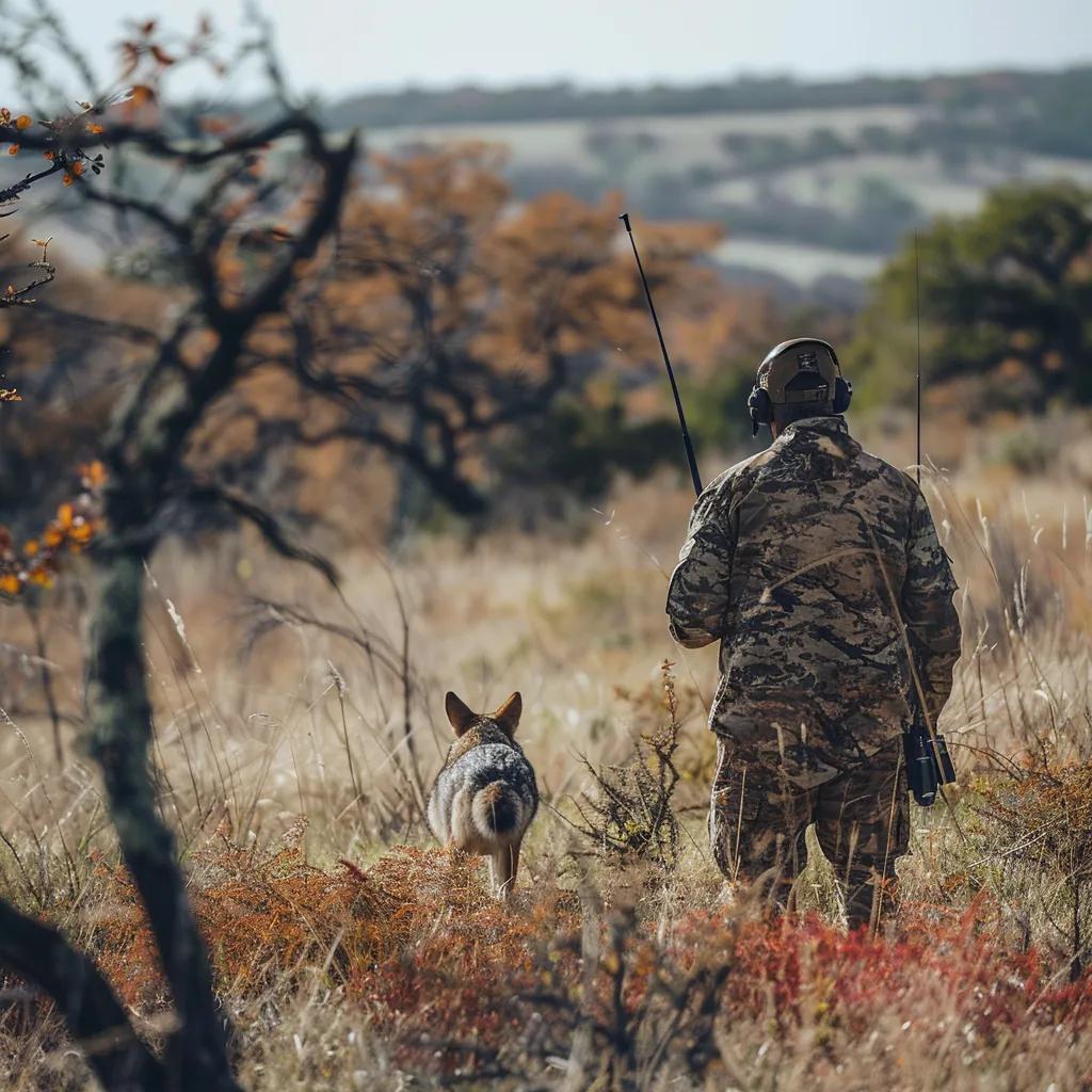 Hunter using an electronic call for coyote hunting in Texas