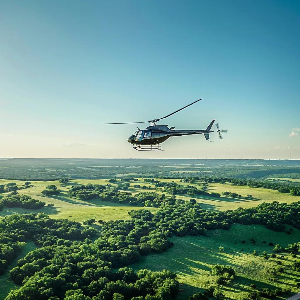 Helicopter in action during a boar hunting adventure over Texas farmland