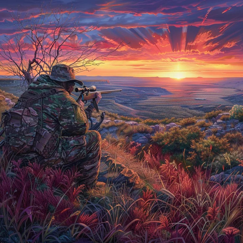 Texas predator hunting landscape with a hunter in camouflage gear at dusk