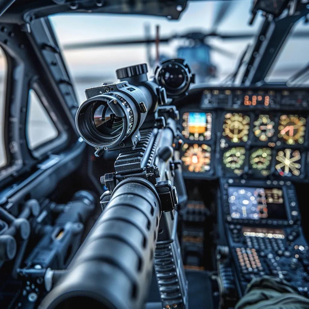 Stabilized firearm mount with AR-15 rifle and thermal optics inside a helicopter cockpit